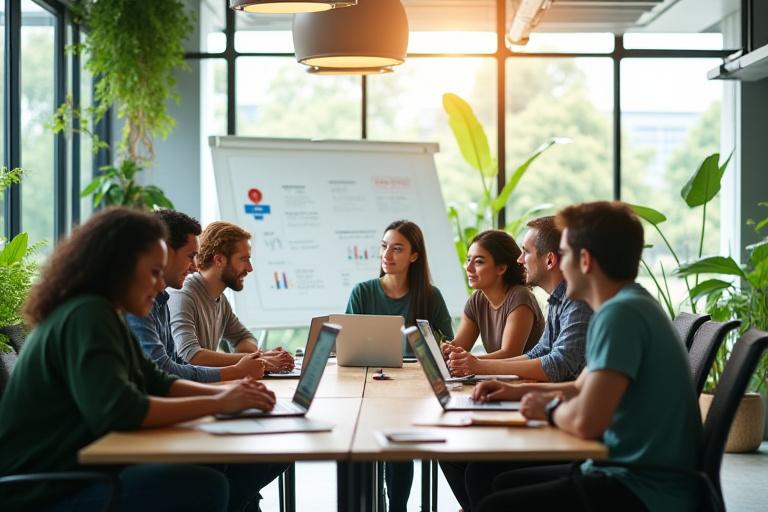 Equipo de Bosque Vivo colaborando en una oficina moderna y luminosa, simbolizando crecimiento y creatividad